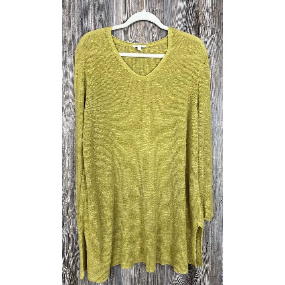 Eileen Fisher Ribbed Delave V-Neck Tunic Sweater Linen/Cotton Large Boho Chic